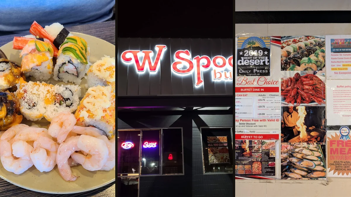Buffet counters with Chinese dishes and sushi
