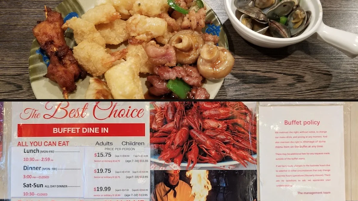 Buffet counters with Chinese dishes and sushi