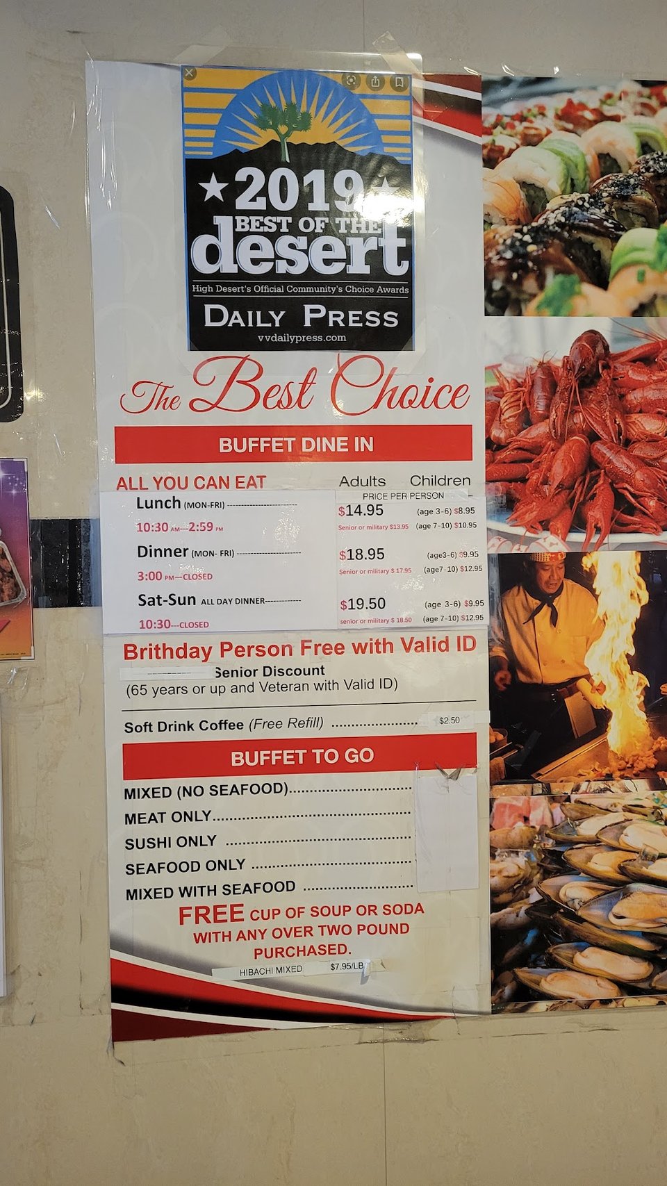 Menu board for buffet dine-in options