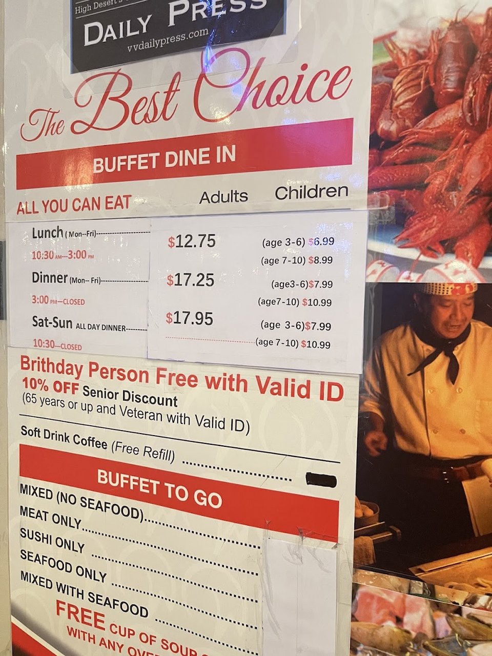 Takeout menu listing buffet and grill items
